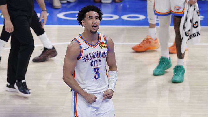 May 26, 2026; Oklahoma City, Oklahoma, USA; Oklahoma City Thunder guard Jared McCain (3) reacts after a play during the fourth quarter against the San Antonio Spurs in game five of the western conference finals for the 2026 NBA playoffs at Paycom Center. Mandatory Credit: Alonzo Adams-Imagn Images
