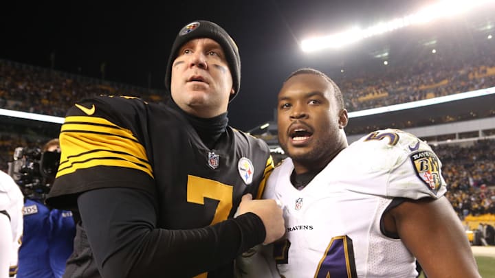 Dec 25, 2016; Pittsburgh, PA, USA;  Pittsburgh Steelers quarterback Ben Roethlisberger (7) greets Baltimore Ravens inside linebacker Zach Orr (54) after their game at Heinz Field. The Steelers won 31-27. Mandatory Credit: Charles LeClaire-Imagn Images