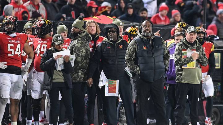 Nov 19, 2022; College Park, Maryland, USA; Maryland Terrapins head coach Mike Locksley looks onto the field during the second half against the Ohio State Buckeyes at SECU Stadium. Mandatory Credit: Tommy Gilligan-USA TODAY Sports Nov 19, 2022; College Park, Maryland, USA; Maryland Terrapins head coach Mike Locksley looks onto the field during the second half against the Ohio State Buckeyes at SECU Stadium. Mandatory Credit: Tommy Gilligan-USA TODAY Sports