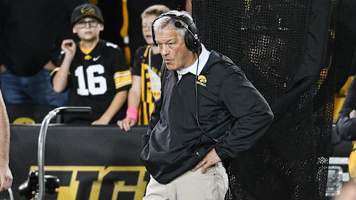 Oct 18, 2025; Iowa City, Iowa, USA; Iowa Hawkeyes head coach Kirk Ferentz looks on during the second quarter against the Penn State Nittany Lions at Kinnick Stadium. Mandatory Credit: Jeffrey Becker-Imagn Images
