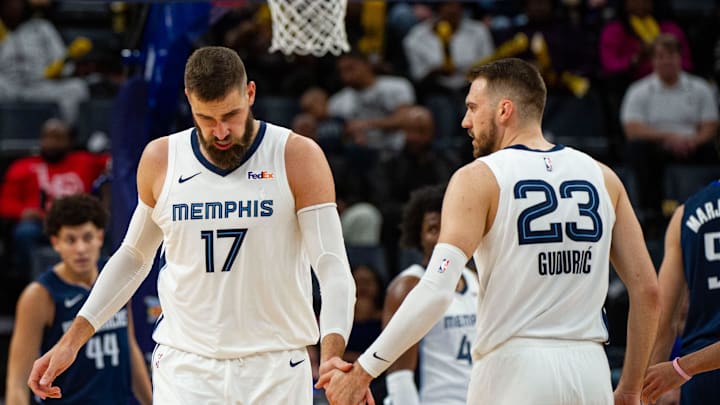 Nov 9, 2019; Memphis, TN, USA; Memphis Grizzlies center Jonas Valanciunas (17) and Memphis Grizzlies guard Marko Guduric (23) during the game against the Dallas Mavericks at FedExForum. Mandatory Credit: Justin Ford-Imagn Images Nov 9, 2019; Memphis, TN, USA; Memphis Grizzlies center Jonas Valanciunas (17) and Memphis Grizzlies guard Marko Guduric (23) during the game against the Dallas Mavericks at FedExForum. Mandatory Credit: Justin Ford-Imagn Images