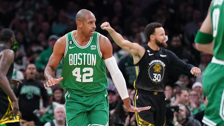 Jan 19, 2023; Boston, Massachusetts, USA; Boston Celtics center Al Horford (42) reacts after his basket against the Golden State Warriors in the first quarter at TD Garden. Mandatory Credit: David Butler II-Imagn Images Jan 19, 2023; Boston, Massachusetts, USA; Boston Celtics center Al Horford (42) reacts after his basket against the Golden State Warriors in the first quarter at TD Garden. Mandatory Credit: David Butler II-Imagn Images