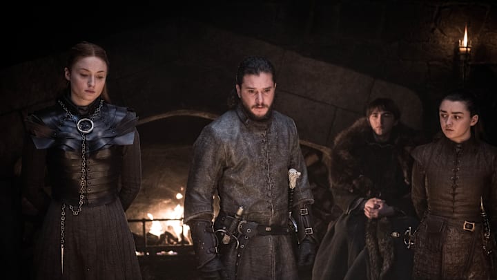 (L to R) Sophie Turner as Sansa Stark, Kit Harington as Jon Snow, Isaac Hempstead Wright as Bran Stark,
and Maisie Williams as Arya Stark - Photo: Helen Sloan/HBO