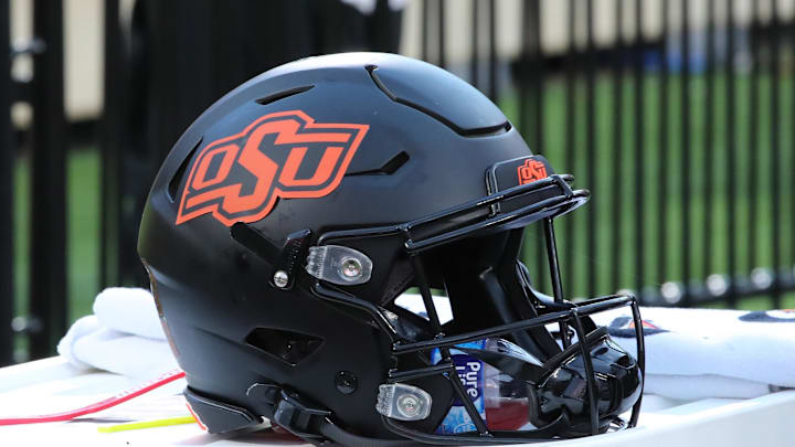Oct 25, 2025; Lubbock, Texas, USA;  A general view of an Oklahoma State Cowboys helmet on the bench in the second half of the game against the Texas Tech Red Raiders at Jones AT&T Stadium. Mandatory Credit: Michael C. Johnson-Imagn Images