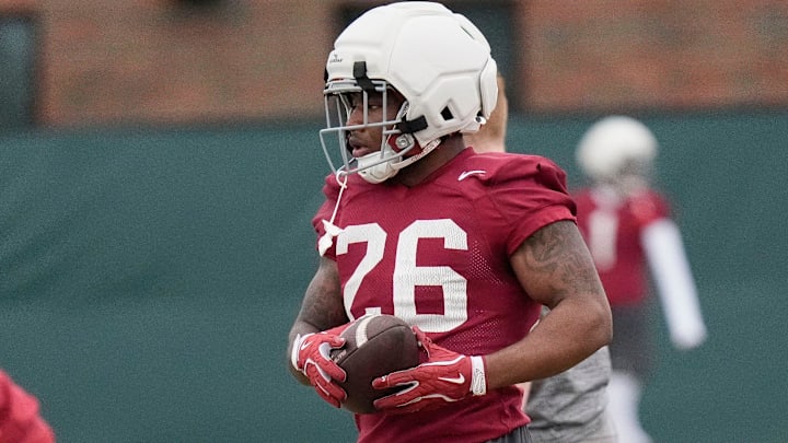 Mar 5, 2025; Tuscaloosa, AL, USA; Running back Jam Miller completes a drill during Spring Practice for the Crimson Tide.