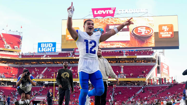 Nov 9, 2025; Santa Clara, California, USA; Los Angeles Rams wide receiver Puka Nacua (12) celebrates after the game against the San Francisco 49ers at Levi's Stadium. Mandatory Credit: Cary Edmondson-Imagn Images