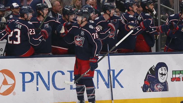 Damon Severson celebrates his goal against the Seattle Kraken during the first period at Nationwide Arena Damon Severson celebrates his goal against the Seattle Kraken during the first period at Nationwide Arena
