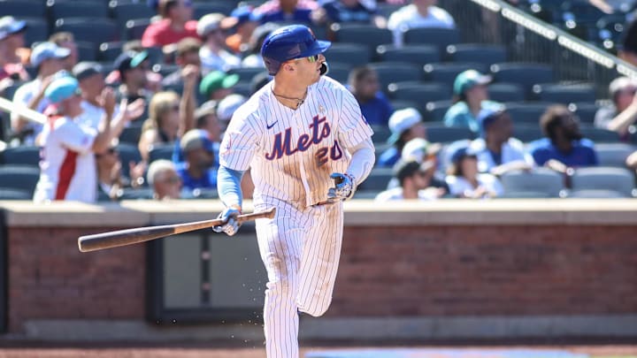 Sep 3, 2023; New York City, New York, USA;  New York Mets first baseman Pete Alonso (20) hits a two
