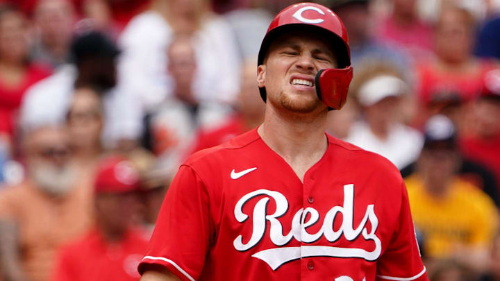 Cincinnati Reds third baseman Brandon Drury (22) reacts.
