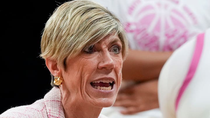 Iowa Hawkeyes head coach Jan Jensen talks to her team during a timeout Sunday, Feb. 23, 2025 at Carver-Hawkeye Arena in Iowa City, Iowa. Iowa Hawkeyes head coach Jan Jensen talks to her team during a timeout Sunday, Feb. 23, 2025 at Carver-Hawkeye Arena in Iowa City, Iowa.