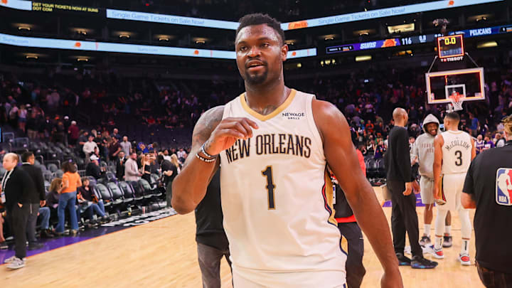 Feb 27, 2025; Phoenix, Arizona, USA; New Orleans Pelicans forward Zion Williamson (1) after a victory over the Phoenix Suns at Footprint Center. Mandatory Credit: Brett Davis-Imagn Images Feb 27, 2025; Phoenix, Arizona, USA; New Orleans Pelicans forward Zion Williamson (1) after a victory over the Phoenix Suns at Footprint Center. Mandatory Credit: Brett Davis-Imagn Images