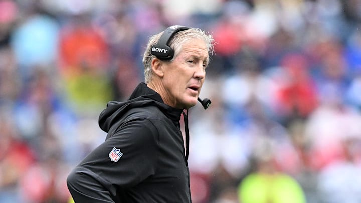 Sep 7, 2025; Foxborough, Massachusetts, USA; Las Vegas Raiders head coach Pete Carroll in the first half against the New England Patriots at Gillette Stadium. Mandatory Credit: Brian Fluharty-Imagn Images