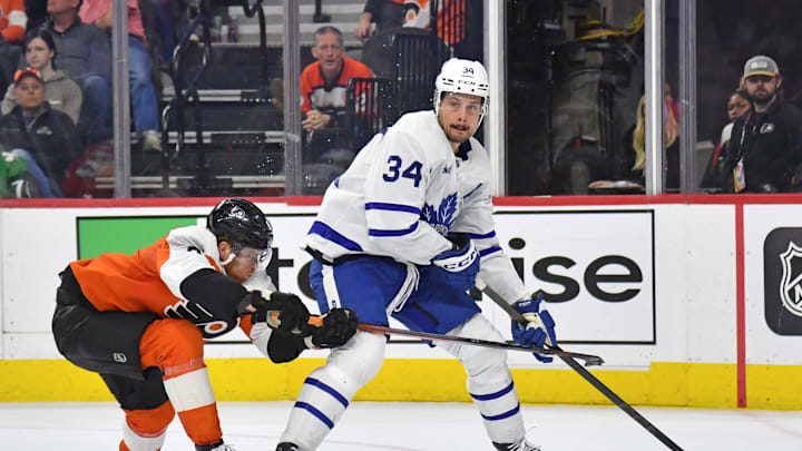 Mar 14, 2024; Philadelphia, Pennsylvania, USA; Toronto Maple Leafs center Auston Matthews (34) is