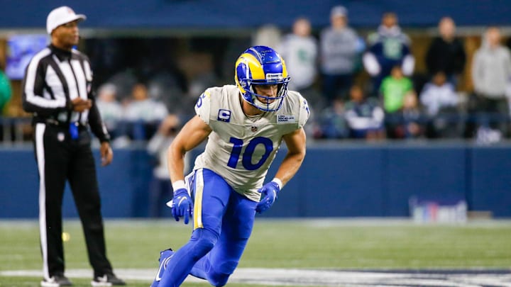 Oct 7, 2021; Seattle, Washington, USA; Los Angeles Rams wide receiver Cooper Kupp (10) reacts to a snap against the Seattle Seahawks during the fourth quarter at Lumen Field.