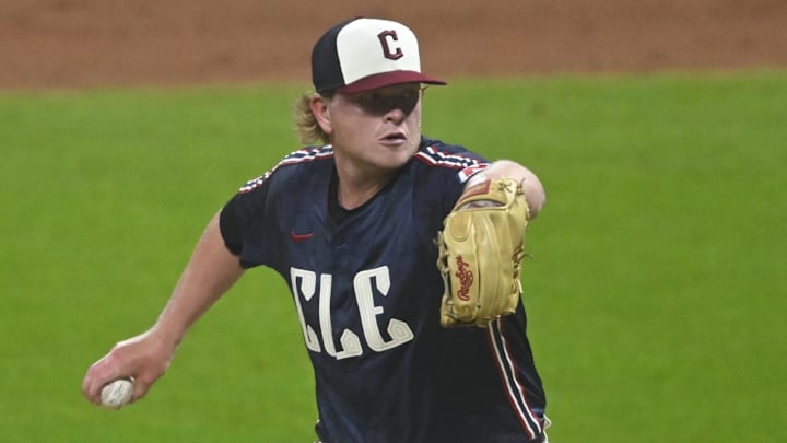 Jun 6, 2025; Cleveland, Ohio, USA; Cleveland Guardians relief pitcher Nic Enright (59) delivers a pitch in the ninth inning against the Houston Astros at Progressive Field. Mandatory Credit: David Richard-Imagn Images
