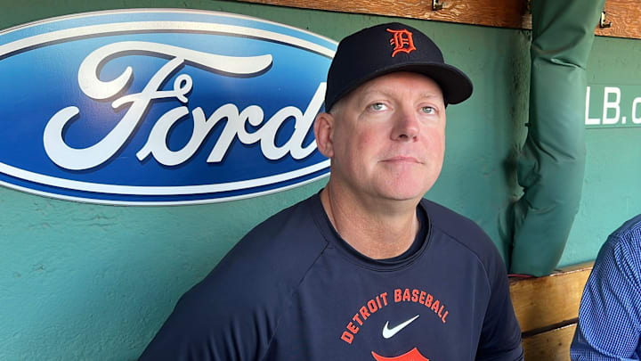 Detroit Tigers manager A.J. Hinch talks to reporters before the opener of a four-game series against the Boston Red Sox on April 17, 2026, at Fenway Park in Boston, Massachusetts.