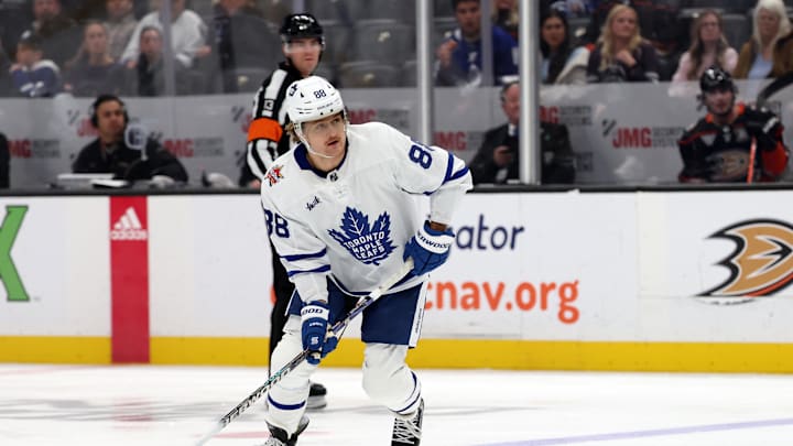 Jan 3, 2024; Anaheim, California, USA; Toronto Maple Leafs right wing William Nylander (88) looks to