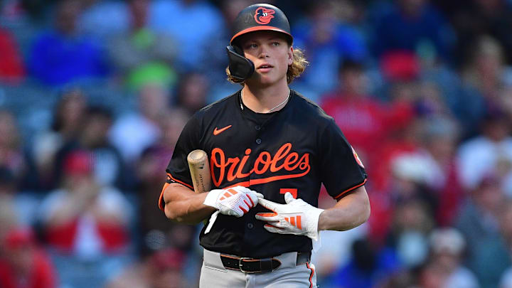 Apr 23, 2024; Anaheim, California, USA; Baltimore Orioles second baseman Jackson Holliday (7) reacts
