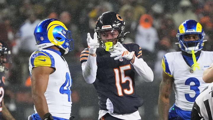 Jan 18, 2026; Chicago, IL, USA; Chicago Bears wide receiver Rome Odunze (15) reacts after catching a pass against the Los Angeles Rams during the second quarter of an NFC Divisional Round game at Soldier Field. Mandatory Credit: David Banks-Imagn Images
