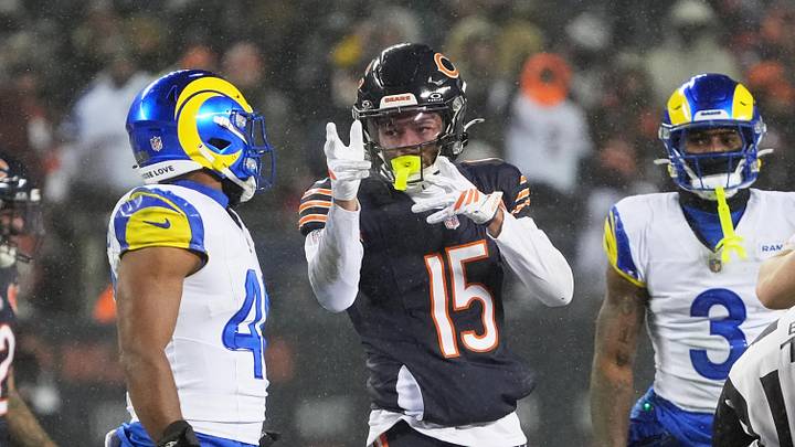 Jan 18, 2026; Chicago, IL, USA; Chicago Bears wide receiver Rome Odunze (15) reacts after catching a pass against the Los Angeles Rams during the second quarter of an NFC Divisional Round game at Soldier Field. Mandatory Credit: David Banks-Imagn Images Jan 18, 2026; Chicago, IL, USA; Chicago Bears wide receiver Rome Odunze (15) reacts after catching a pass against the Los Angeles Rams during the second quarter of an NFC Divisional Round game at Soldier Field. Mandatory Credit: David Banks-Imagn Images