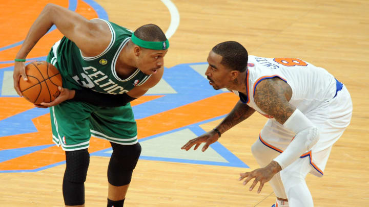 May 1, 2013; New York, NY, USA; New York Knicks shooting guard J.R. Smith (8) defends against Boston Celtics small forward Paul Pierce (34) during the second half in game five of the first round of the 2013 NBA Playoffs at Madison Square Garden. The Celtics won the game 92-86. Mandatory Credit: Joe Camporeale-USA TODAY Sports May 1, 2013; New York, NY, USA; New York Knicks shooting guard J.R. Smith (8) defends against Boston Celtics small forward Paul Pierce (34) during the second half in game five of the first round of the 2013 NBA Playoffs at Madison Square Garden. The Celtics won the game 92-86. Mandatory Credit: Joe Camporeale-USA TODAY Sports