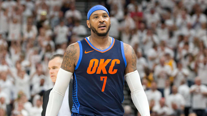 Apr 23, 2018; Salt Lake City, UT, USA; Oklahoma City Thunder forward Carmelo Anthony (7) walks off the court during the first half of game four of the first round of the 2018 NBA Playoffs against the Utah Jazz at Vivint Smart Home Arena. Mandatory Credit: Russ Isabella-Imagn Images Apr 23, 2018; Salt Lake City, UT, USA; Oklahoma City Thunder forward Carmelo Anthony (7) walks off the court during the first half of game four of the first round of the 2018 NBA Playoffs against the Utah Jazz at Vivint Smart Home Arena. Mandatory Credit: Russ Isabella-Imagn Images
