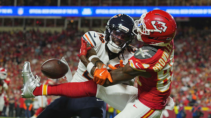 Aug 22, 2025; Kansas City, Missouri, USA; Chicago Bears defensive back Mekhi Garner (26) breaks up a pass intended for Kansas City Chiefs wide receiver Jason Brownlee (89) during the first half at GEHA Field at Arrowhead Stadium. Mandatory Credit: Jay Biggerstaff-Imagn Images