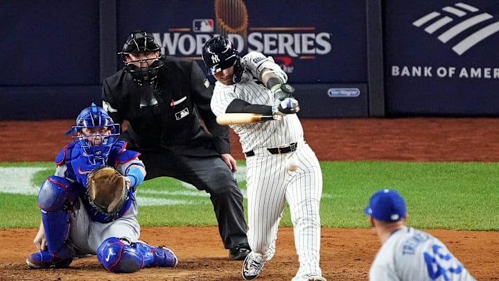 New York Yankees second baseman Gleyber Torres (25) breaks his bat on a ground out during the seventh inning against the Los Angeles Dodgers in game four of the 2024 MLB World Series at Yankee Stadium on Oct 30. New York Yankees second baseman Gleyber Torres (25) breaks his bat on a ground out during the seventh inning against the Los Angeles Dodgers in game four of the 2024 MLB World Series at Yankee Stadium on Oct 30.
