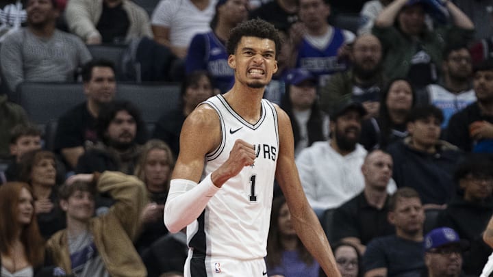 December 1, 2024; Sacramento, California, USA; San Antonio Spurs center Victor Wembanyama (1) celebrates against the Sacramento Kings during the fourth quarter at Golden 1 Center. Mandatory Credit: Kyle Terada-Imagn Images
