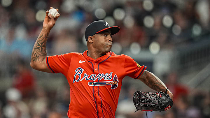 Atlanta Braves relief pitcher Raisel Iglesias (26) pitches against the New York Yankees during the ninth inning at Truist Park. Atlanta Braves relief pitcher Raisel Iglesias (26) pitches against the New York Yankees during the ninth inning at Truist Park.