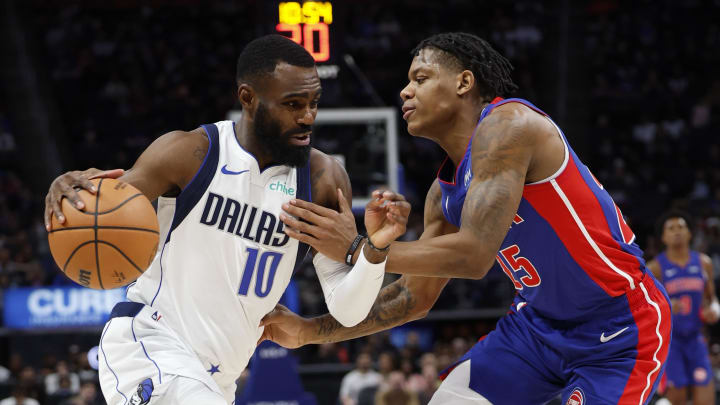 Mar 9, 2024; Detroit, Michigan, USA; Dallas Mavericks forward Tim Hardaway Jr. (10) dribbles against Detroit Pistons guard Marcus Sasser (25) in the first half at Little Caesars Arena. Mandatory Credit: Rick Osentoski-USA TODAY Sports Mar 9, 2024; Detroit, Michigan, USA; Dallas Mavericks forward Tim Hardaway Jr. (10) dribbles against Detroit Pistons guard Marcus Sasser (25) in the first half at Little Caesars Arena. Mandatory Credit: Rick Osentoski-USA TODAY Sports
