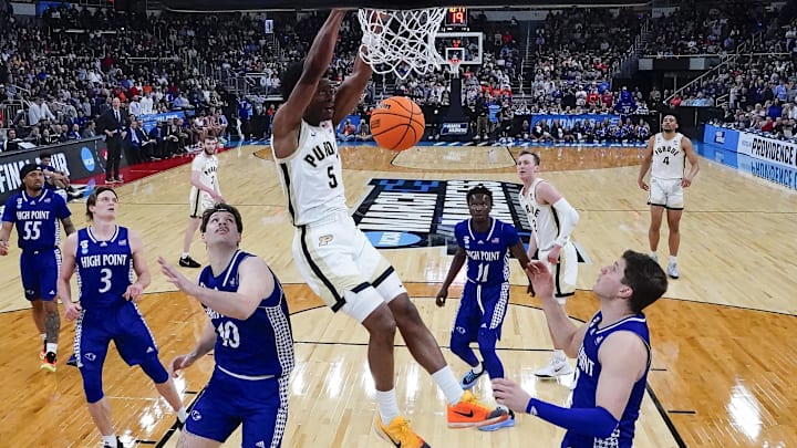 Purdue Boilermakers guard Myles Colvin (5) dunks the ball against the Hight Point Panthers