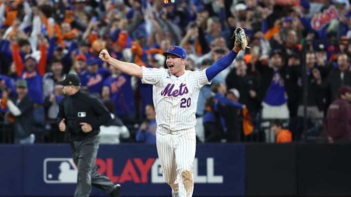 Oct 9, 2024; New York, New York, USA; New York Mets first baseman Pete Alonso (20) celebrates after defeating the Philadelphia Phillies in game four of the NLDS for the 2024 MLB Playoffs at Citi Field. Mandatory Credit: Wendell Cruz-Imagn Images Oct 9, 2024; New York, New York, USA; New York Mets first baseman Pete Alonso (20) celebrates after defeating the Philadelphia Phillies in game four of the NLDS for the 2024 MLB Playoffs at Citi Field. Mandatory Credit: Wendell Cruz-Imagn Images