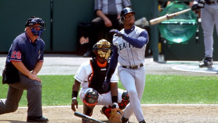 Seattle Mariners outfielder Ken Griffey Jr. hits against the Baltimore Orioles in 1998 at Camden Yards.