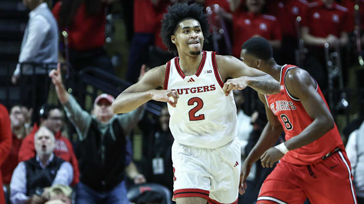Oct 17, 2024; Piscataway, NJ, USA; Rutgers Scarlet Knights guard Dylan Harper (2) celebrates after scoring in the first half against the St. John's Red Storm at Jersey Mike's Arena. Mandatory Credit: Wendell Cruz-Imagn Images Oct 17, 2024; Piscataway, NJ, USA; Rutgers Scarlet Knights guard Dylan Harper (2) celebrates after scoring in the first half against the St. John's Red Storm at Jersey Mike's Arena. Mandatory Credit: Wendell Cruz-Imagn Images