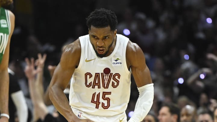 May 11, 2024; Cleveland, Ohio, USA; Cleveland Cavaliers guard Donovan Mitchell (45) reacts in the second quarter of game three of the second round of the 2024 NBA Playoffs against the Boston Celtics at Rocket Mortgage FieldHouse.