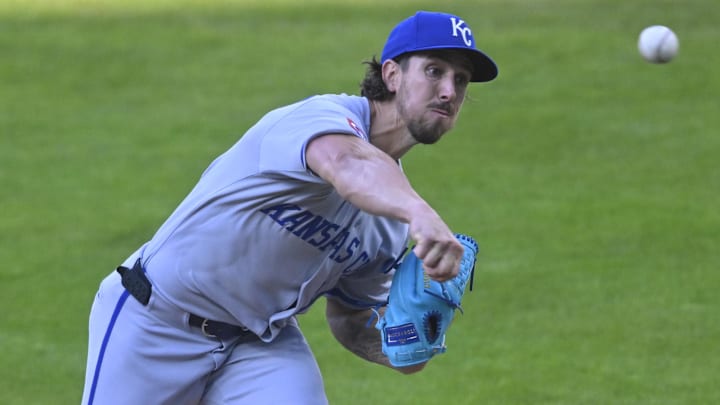 Apr 12, 2025; Cleveland, Ohio, USA; Kansas City Royals starting pitcher Michael Lorenzen (24) delivers a pitch in the first inning against the Cleveland Guardians at Progressive Field. Mandatory Credit: David Richard-Imagn Images Apr 12, 2025; Cleveland, Ohio, USA; Kansas City Royals starting pitcher Michael Lorenzen (24) delivers a pitch in the first inning against the Cleveland Guardians at Progressive Field. Mandatory Credit: David Richard-Imagn Images