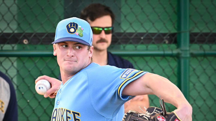 Milwaukee Brewers pitcher Quinn Priester (46) throws in the bullpen during spring training workouts Sunday, February 15, 2026, at American Family Fields of Phoenix in Phoenix, Arizona. Milwaukee Brewers pitcher Quinn Priester (46) throws in the bullpen during spring training workouts Sunday, February 15, 2026, at American Family Fields of Phoenix in Phoenix, Arizona.