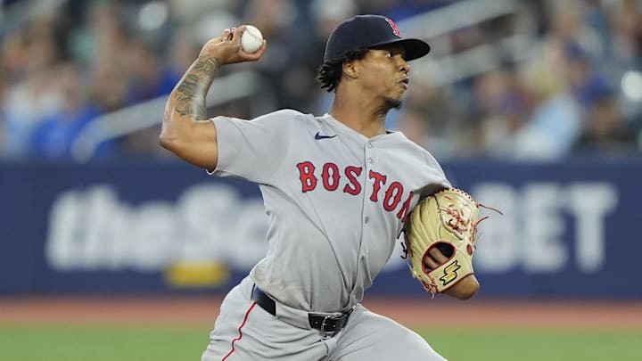 Sep 25, 2025; Toronto, Ontario, CAN; Boston Red Sox starting pitcher Brayan Bello (66) pitches to the Toronto Blue Jays during the first inning at Rogers Centre. Mandatory Credit: John E. Sokolowski-Imagn Images