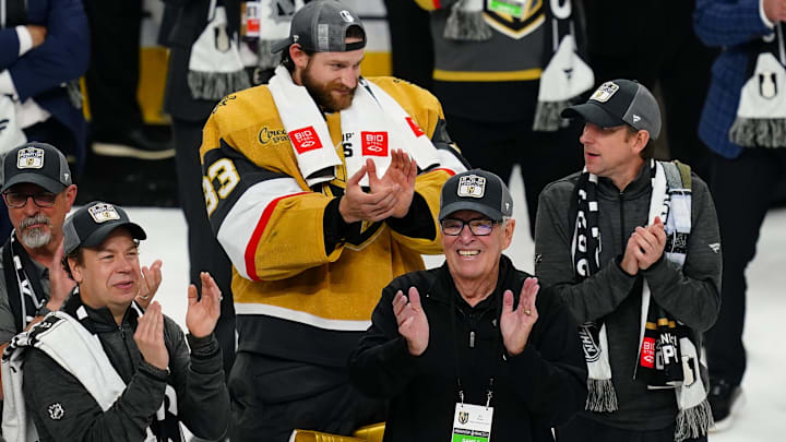 Jun 13, 2023; Las Vegas, Nevada, USA; Bill Foley owner of the Vegas Golden Knights celebrates defeating the Florida Panthers in game five of the 2023 Stanley Cup Final at T-Mobile Arena. Mandatory Credit: Lucas Peltier-Imagn Images