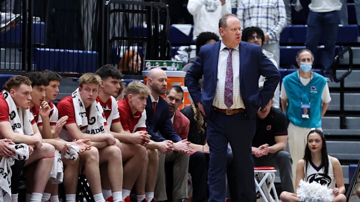 Jan 22, 2026; University Park, Pennsylvania, USA; Wisconsin Badgers head coach Greg Gard during the first half against the Penn State Nittany Lions at Rec Hall. Mandatory Credit: Matthew O'Haren-Imagn Images