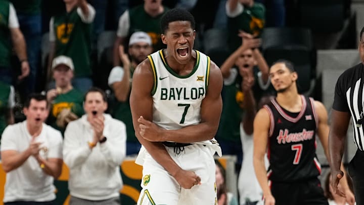 Mar 8, 2025; Waco, Texas, USA; Baylor Bears guard VJ Edgecombe (7) reacts after a play against the Houston Cougars during the second half at Paul and Alejandra Foster Pavilion. Mandatory Credit: Chris Jones-Imagn Images