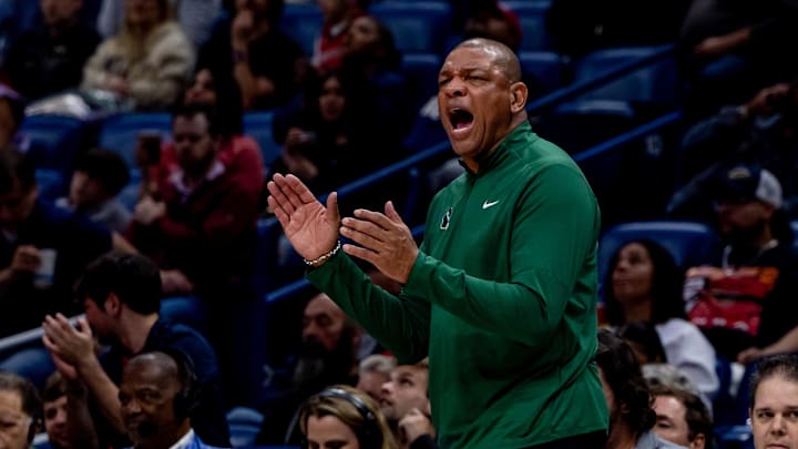 Apr 6, 2025; New Orleans, Louisiana, USA; Milwaukee Bucks head coach Doc Rivers reacts to a play against the New Orleans Pelicans during the second half at Smoothie King Center. Mandatory Credit: Stephen Lew-Imagn Images