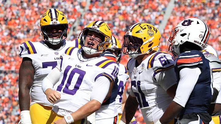 Oct 24, 2026; Auburn, Alabama, USA; LSU Tigers quarterback Sam Leavitt (10) celebrates after scoring a touchdown during the second quarter against the Auburn Tigers at Jordan-Hare Stadium. Mandatory Credit: John Reed-Imagn Images Oct 24, 2026; Auburn, Alabama, USA; LSU Tigers quarterback Sam Leavitt (10) celebrates after scoring a touchdown during the second quarter against the Auburn Tigers at Jordan-Hare Stadium. Mandatory Credit: John Reed-Imagn Images