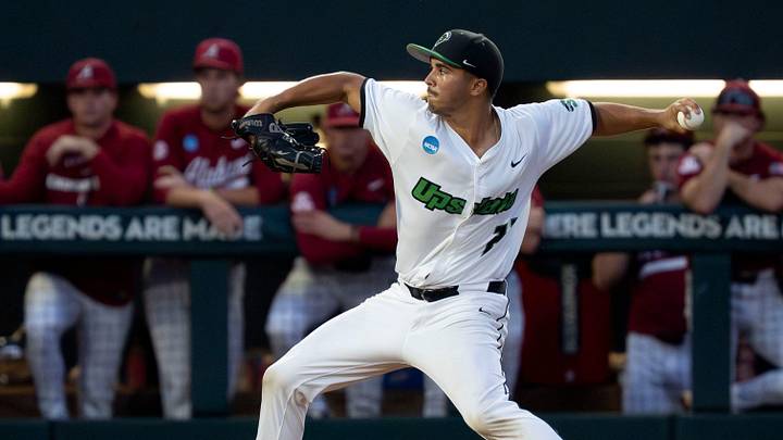 May 30, 2026; Tuscaloosa, AL, USA; USC Upstate starting pitcher Chris Torres makes a pitch in the Tuscaloosa NCAA Regional winner’s bracket game between Alabama and USC Upstate in Sewell-Thomas Stadium. May 30, 2026; Tuscaloosa, AL, USA; USC Upstate starting pitcher Chris Torres makes a pitch in the Tuscaloosa NCAA Regional winner’s bracket game between Alabama and USC Upstate in Sewell-Thomas Stadium.