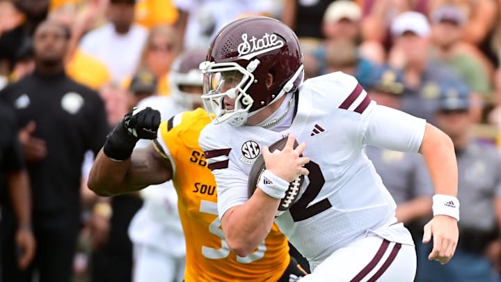 Mississippi State Bulldogs quarterback Blake Shapen (2) runs the ball against the Southern Miss Golden Eagles during the first quarter at M.M. Roberts Stadium in Hattiesburg, Miss., on Aug. 30, 2025. Mississippi State Bulldogs quarterback Blake Shapen (2) runs the ball against the Southern Miss Golden Eagles during the first quarter at M.M. Roberts Stadium in Hattiesburg, Miss., on Aug. 30, 2025.