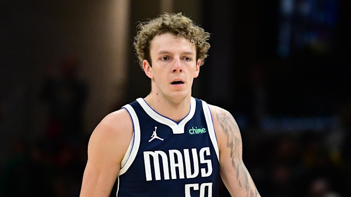 Dallas Mavericks center Kylor Kelley (50) reacts during the second half against the Cleveland Cavaliers at Rocket Mortgage FieldHouse. Mandatory Credit: Ken Blaze-Imagn Images