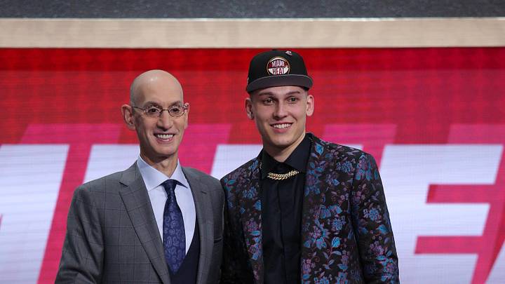 Jun 20, 2019; Brooklyn, NY, USA; Tyler Herro (Kentucky) greets NBA commissioner Adam Silver after being selected as the number thirteen overall pick to the Miami Heat in the first round of the 2019 NBA Draft at Barclays Center. Mandatory Credit: Brad Penner-Imagn Images