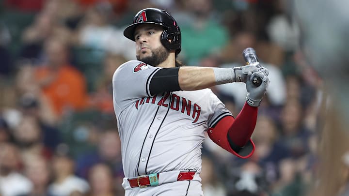 Arizona Diamondbacks third baseman Eugenio Suarez (28) hits an RBI single during the third inning against the Houston Astros at Minute Maid Park on Sept 8. Arizona Diamondbacks third baseman Eugenio Suarez (28) hits an RBI single during the third inning against the Houston Astros at Minute Maid Park on Sept 8.