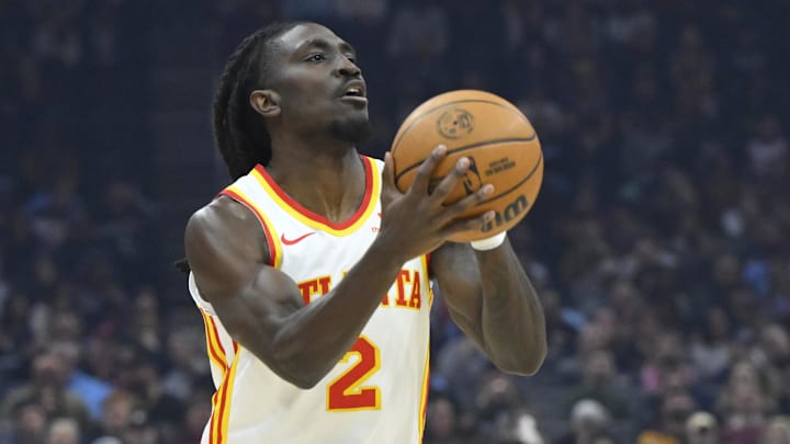 Jan 30, 2025; Cleveland, Ohio, USA; Atlanta Hawks guard Keaton Wallace (2) looks to shoot in the first quarter against the Cleveland Cavaliers at Rocket Mortgage FieldHouse. Mandatory Credit: David Richard-Imagn Images